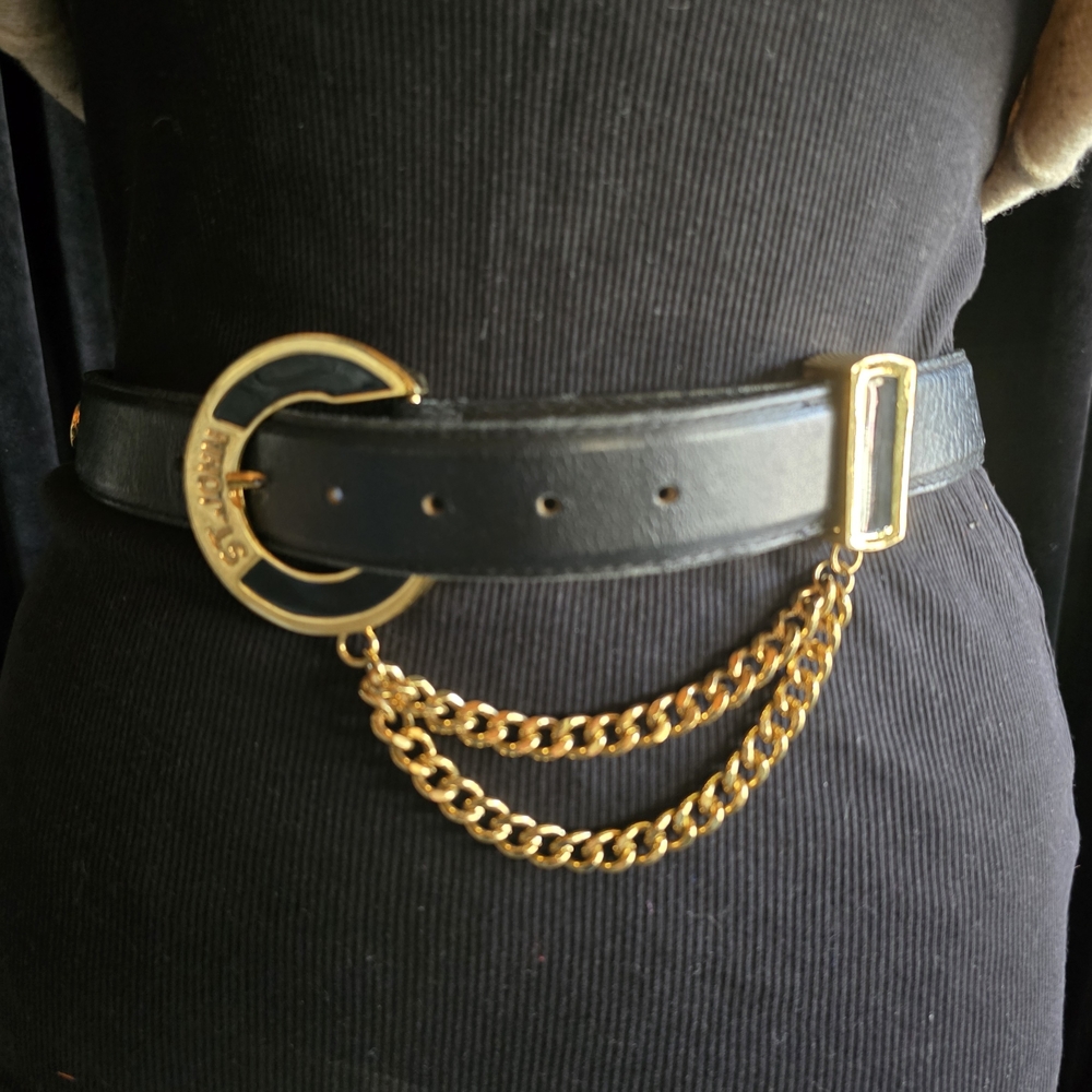 St. John Black and Gold Chain Belt with Circular Buckle